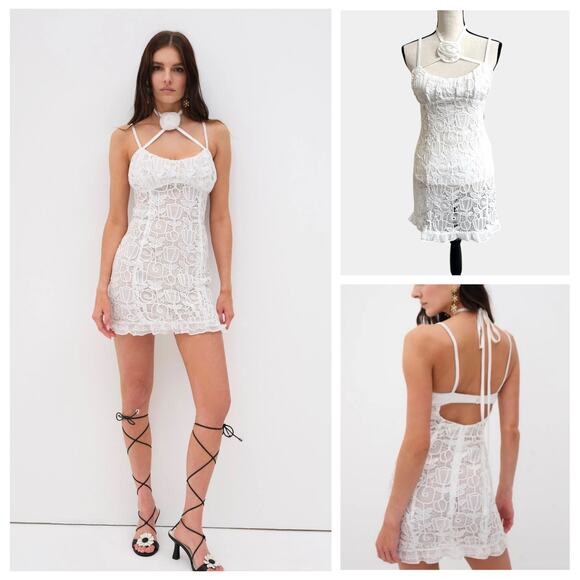 For Love & Lemons NWT White Lace Floral Choker Neck Harriet Mini Dress Medium - Picture 8 of 14